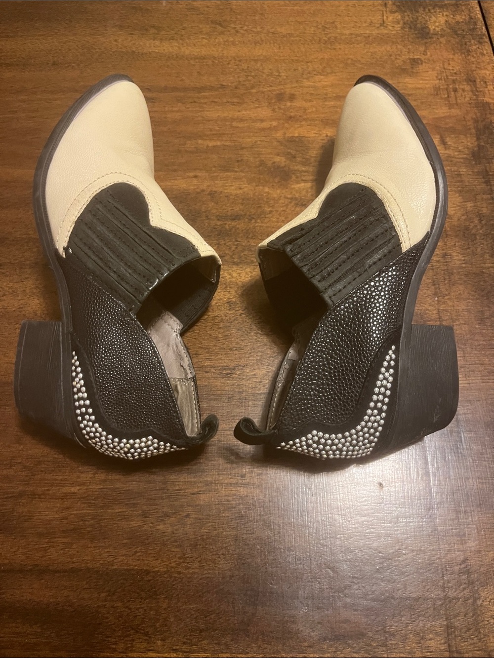 Cream and Black Bedazzled Western-Inspired Leather Booties - Picture 3 of 10